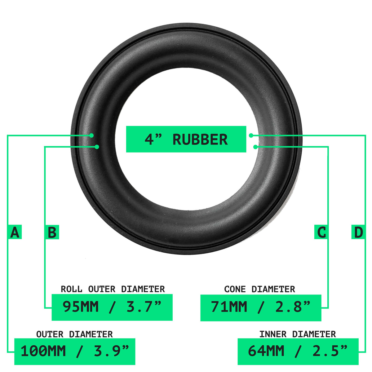 4 inch rubber speaker surround measurement diagram: 100mm outer diameter, 95mm roll outer diameter, 71mm cone diameter, 64mm inner diameter