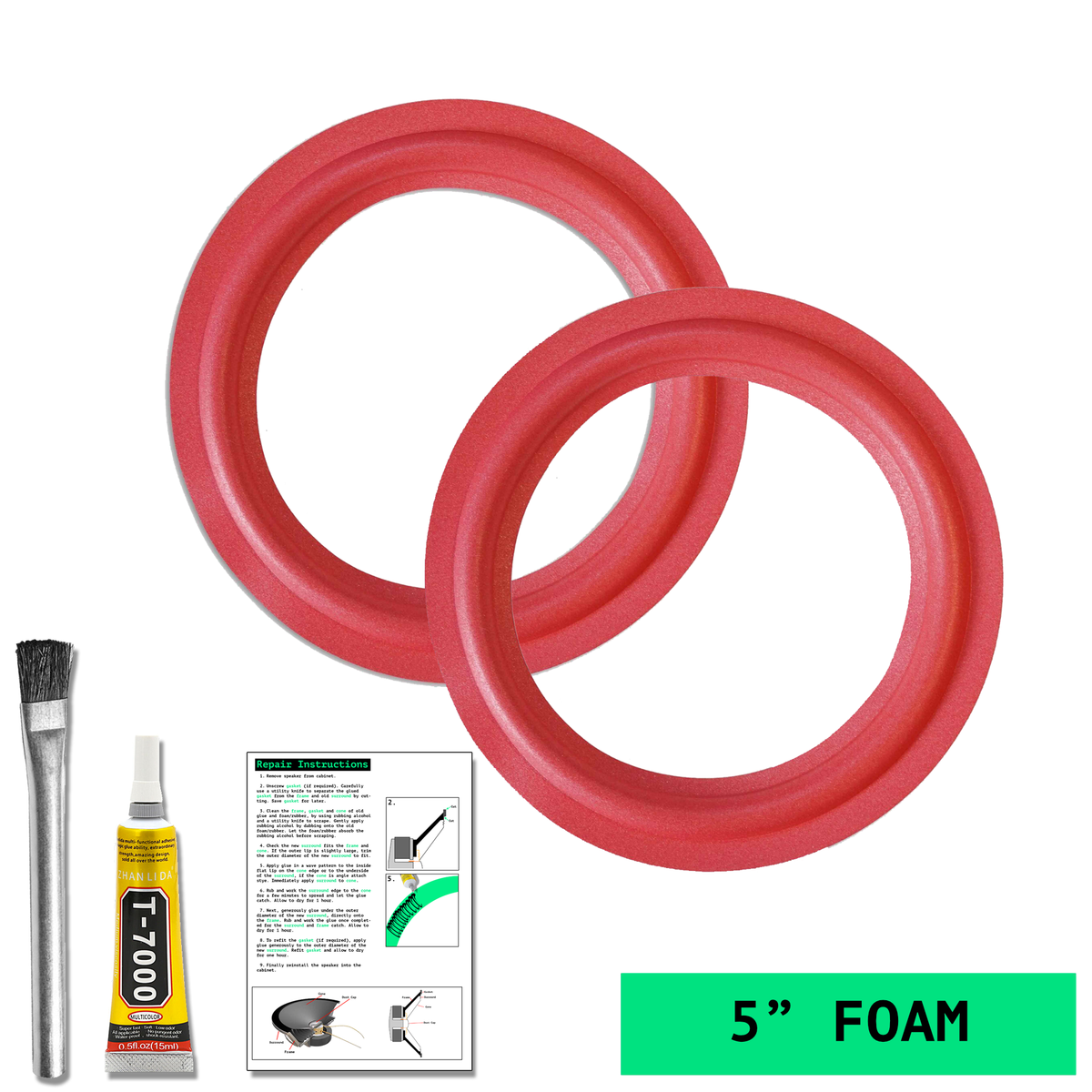 5 inch red foam repair kit: two red foam surrounds, T7000 glue, applicator brush and paper instructions