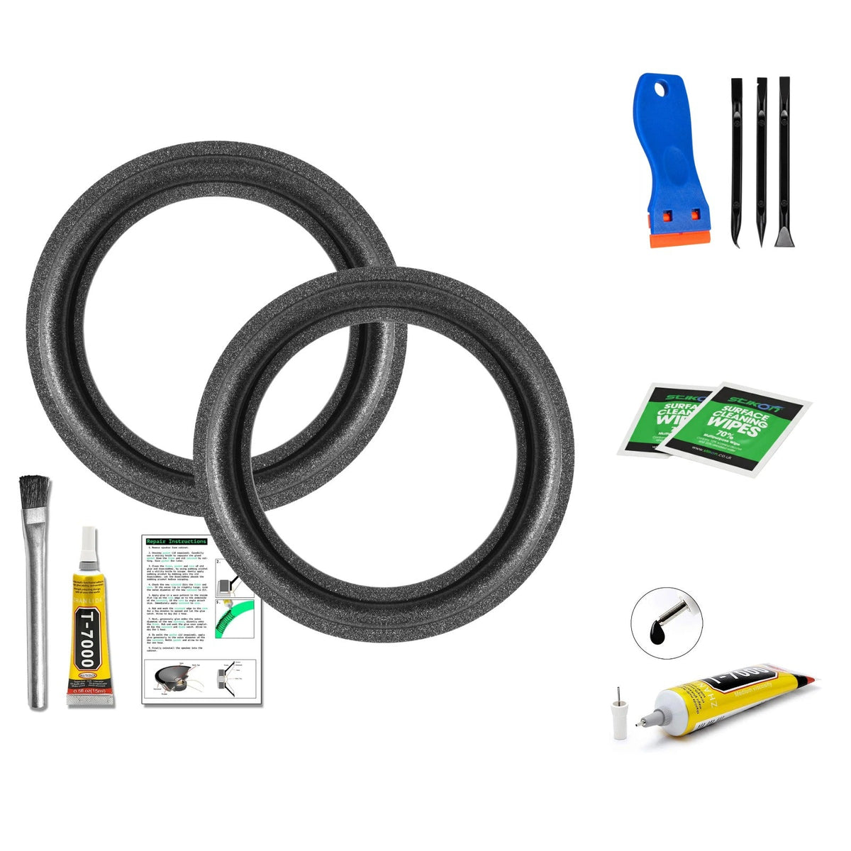 10 inch foam speaker surround repair kit contents: 2 surrounds, 2 tubes of T7000 glue, applicator brush, instructions, scraper tool kit and IPA prep wipes