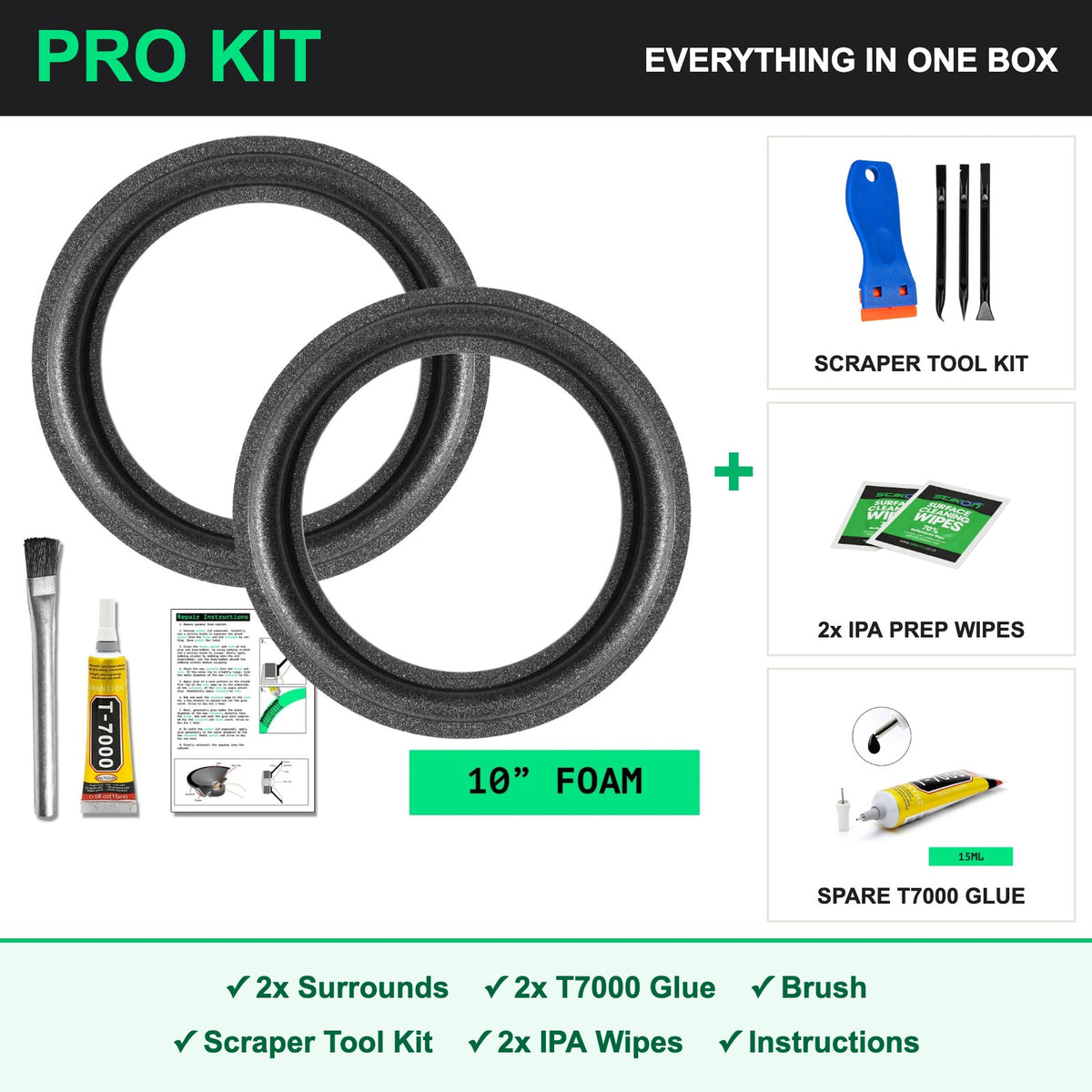 10 inch foam speaker surround PRO repair kit - 2x surrounds, 2x T7000 glue, brush, scraper tool kit, IPA prep wipes and instructions