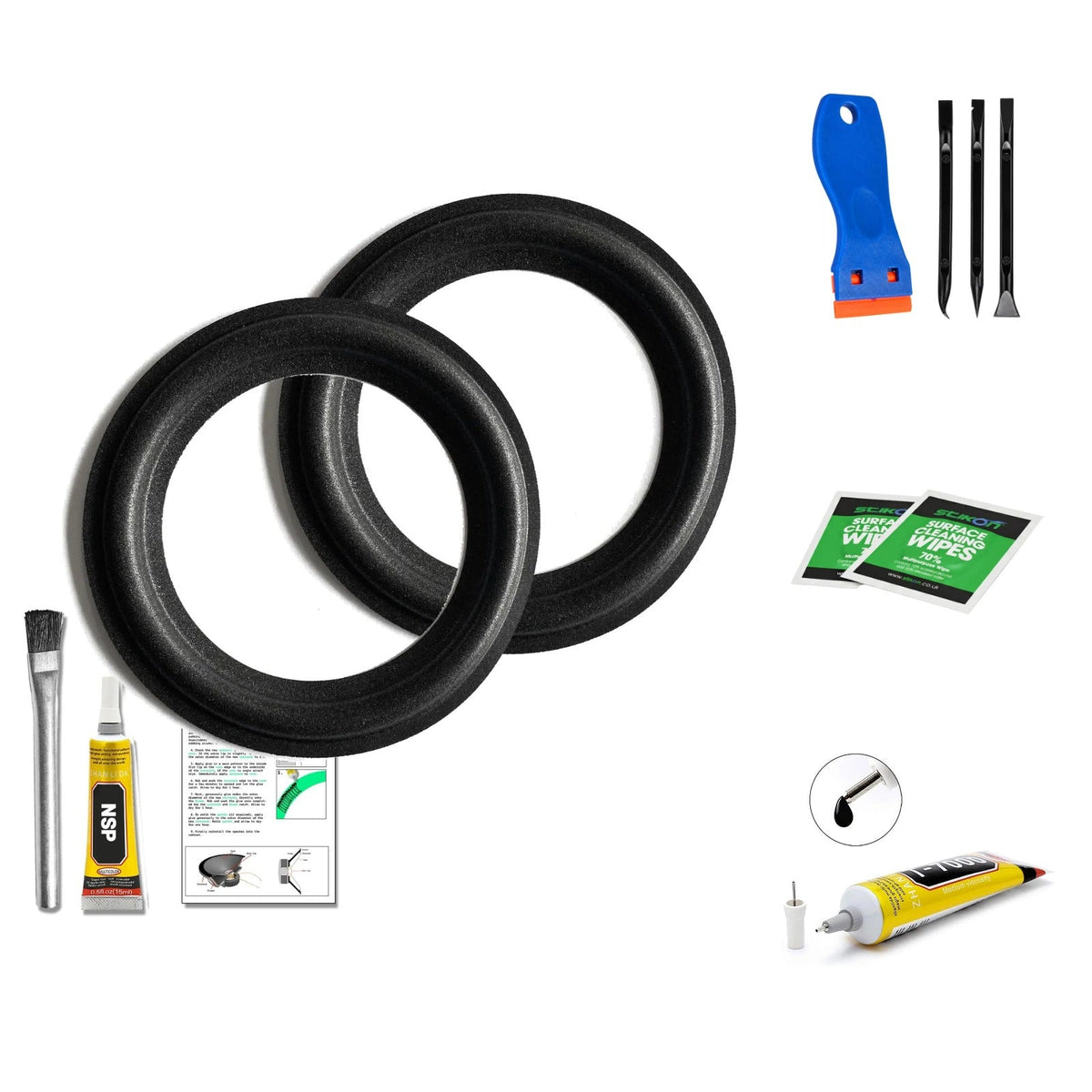 4.5 inch foam speaker surround repair kit contents: 2 surrounds, 2 tubes of T7000 glue, applicator brush, instructions, scraper tool kit and IPA prep wipes