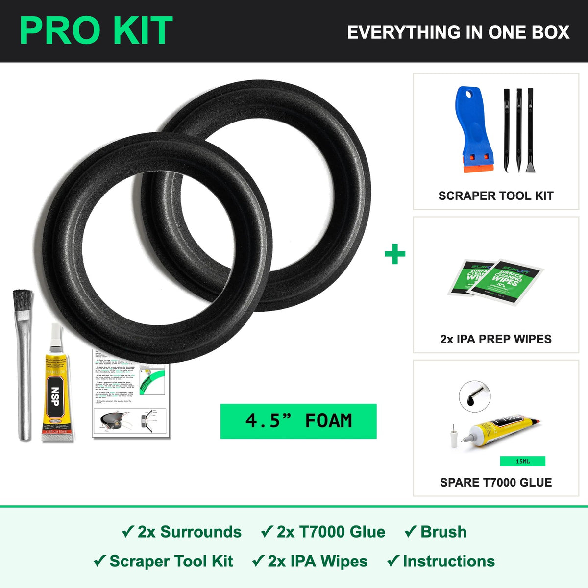 4.5 inch foam speaker surround PRO repair kit - 2x surrounds, 2x T7000 glue, brush, scraper tool kit, IPA prep wipes and instructions