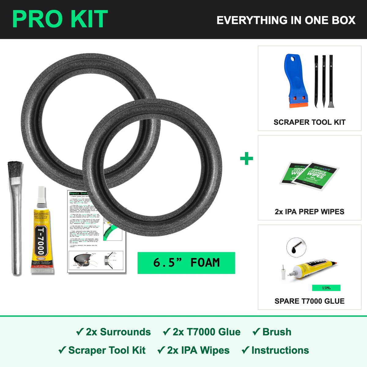 6.5 inch foam speaker surround PRO repair kit - 2x surrounds, 2x T7000 glue, brush, scraper tool kit, IPA prep wipes and instructions