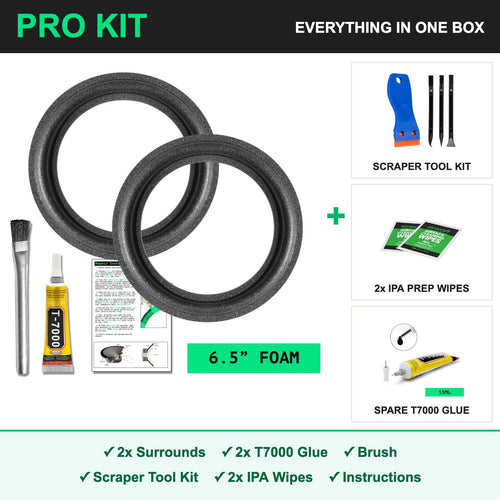 6.5 inch foam speaker surround PRO repair kit - 2x surrounds, 2x T7000 glue, brush, scraper tool kit, IPA prep wipes and instructions