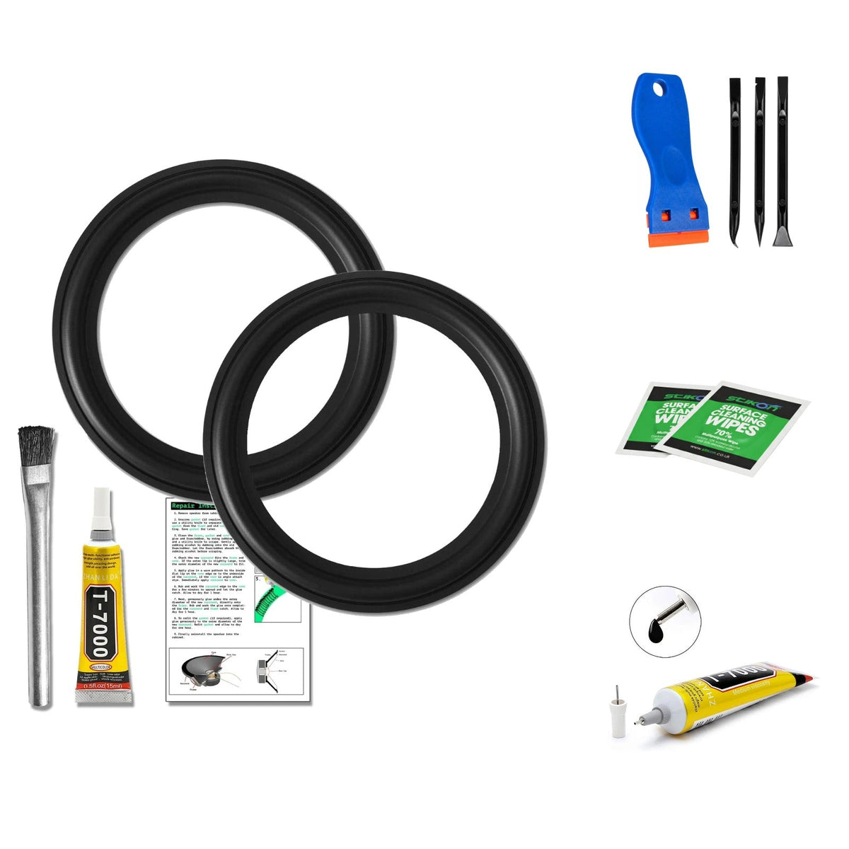 6 inch rubber speaker surround repair kit contents: 2 surrounds, 2 tubes of T7000 glue, applicator brush, instructions, scraper tool kit and IPA prep wipes