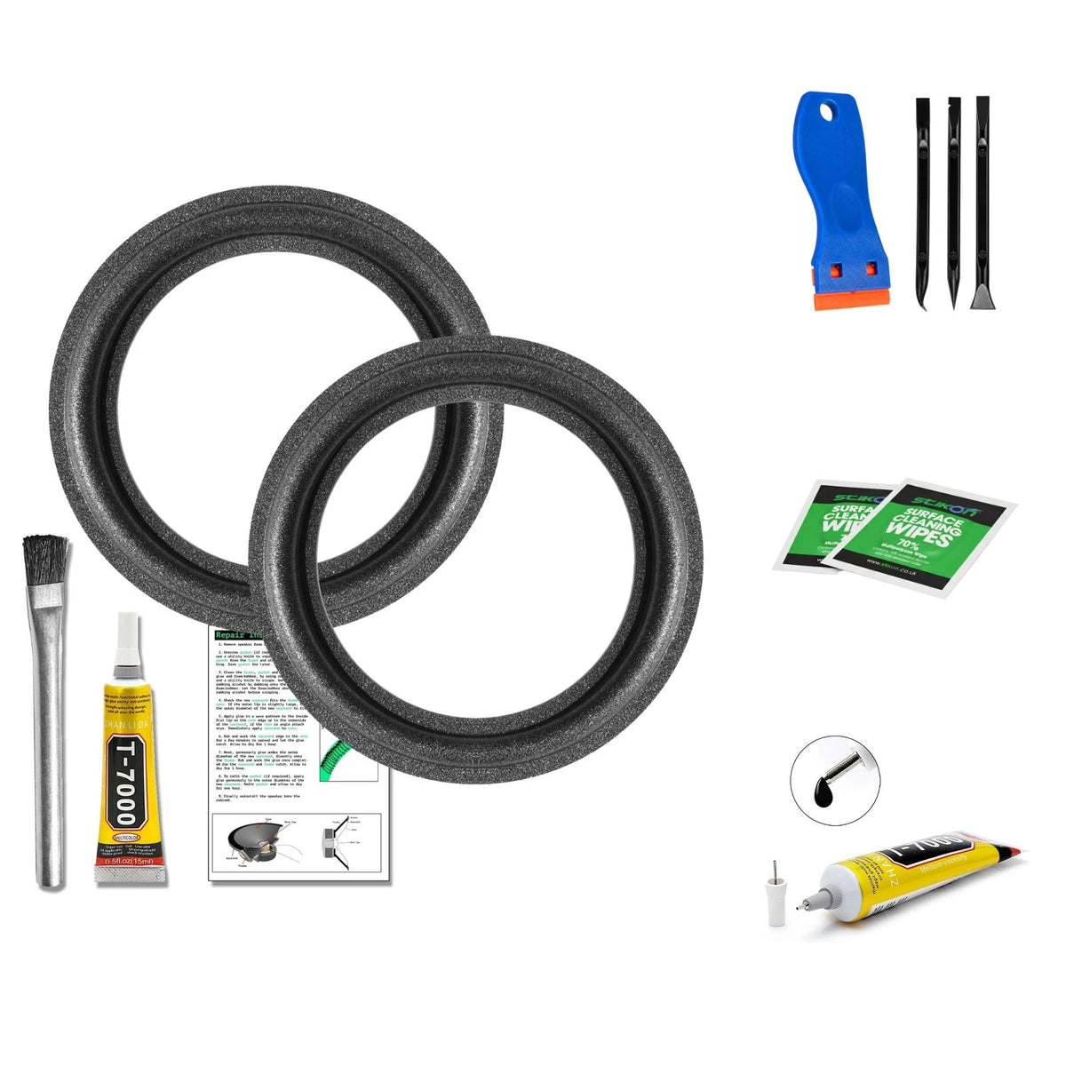 8 inch foam speaker surround repair kit contents: 2 surrounds, 2 tubes of T7000 glue, applicator brush, instructions, scraper tool kit and IPA prep wipes