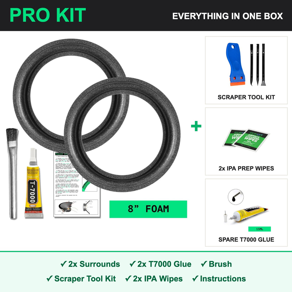 8 inch foam speaker surround PRO repair kit - 2x surrounds, 2x T7000 glue, brush, scraper tool kit, IPA prep wipes and instructions